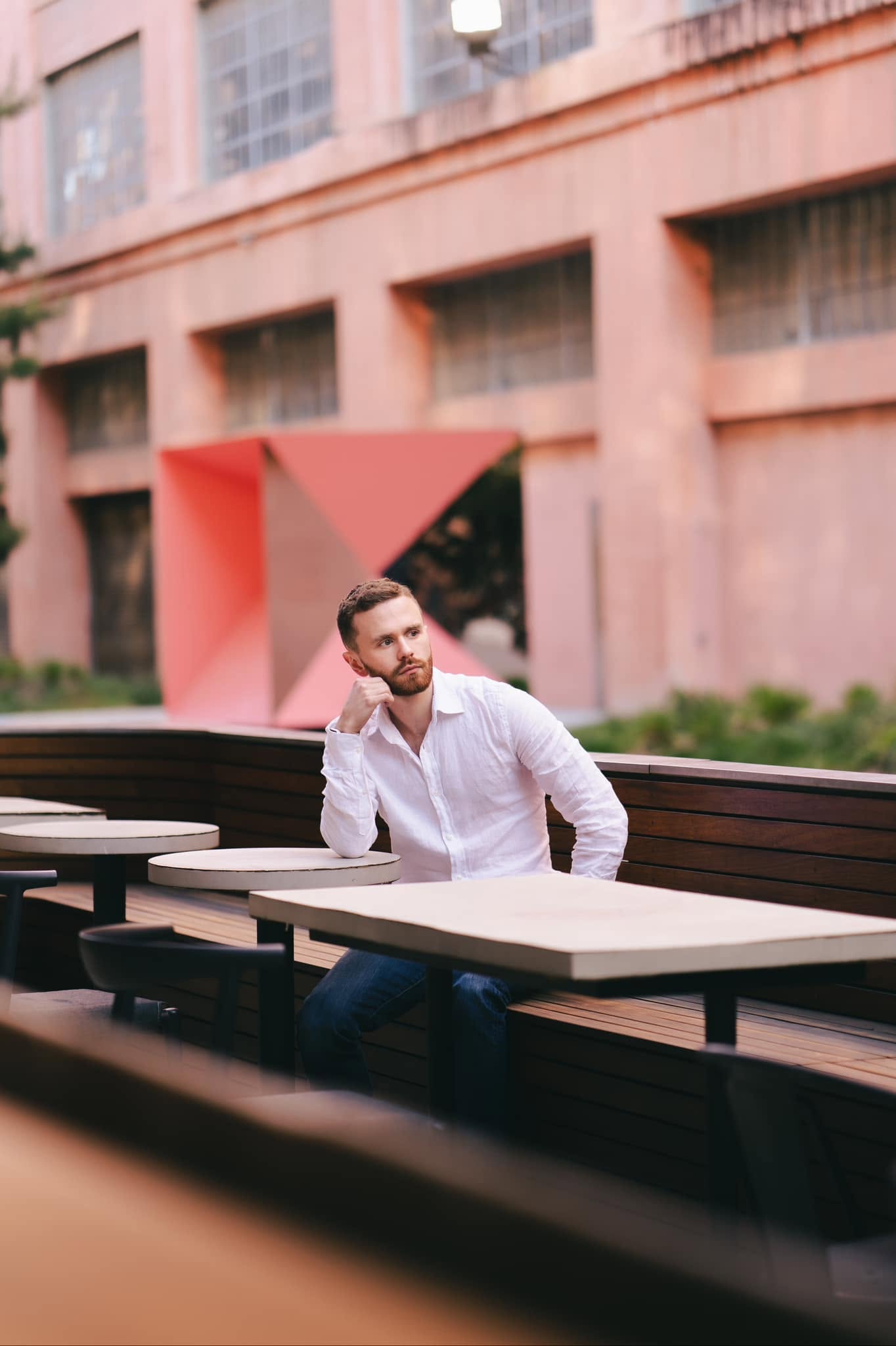 Editorial portrait in a courtyard